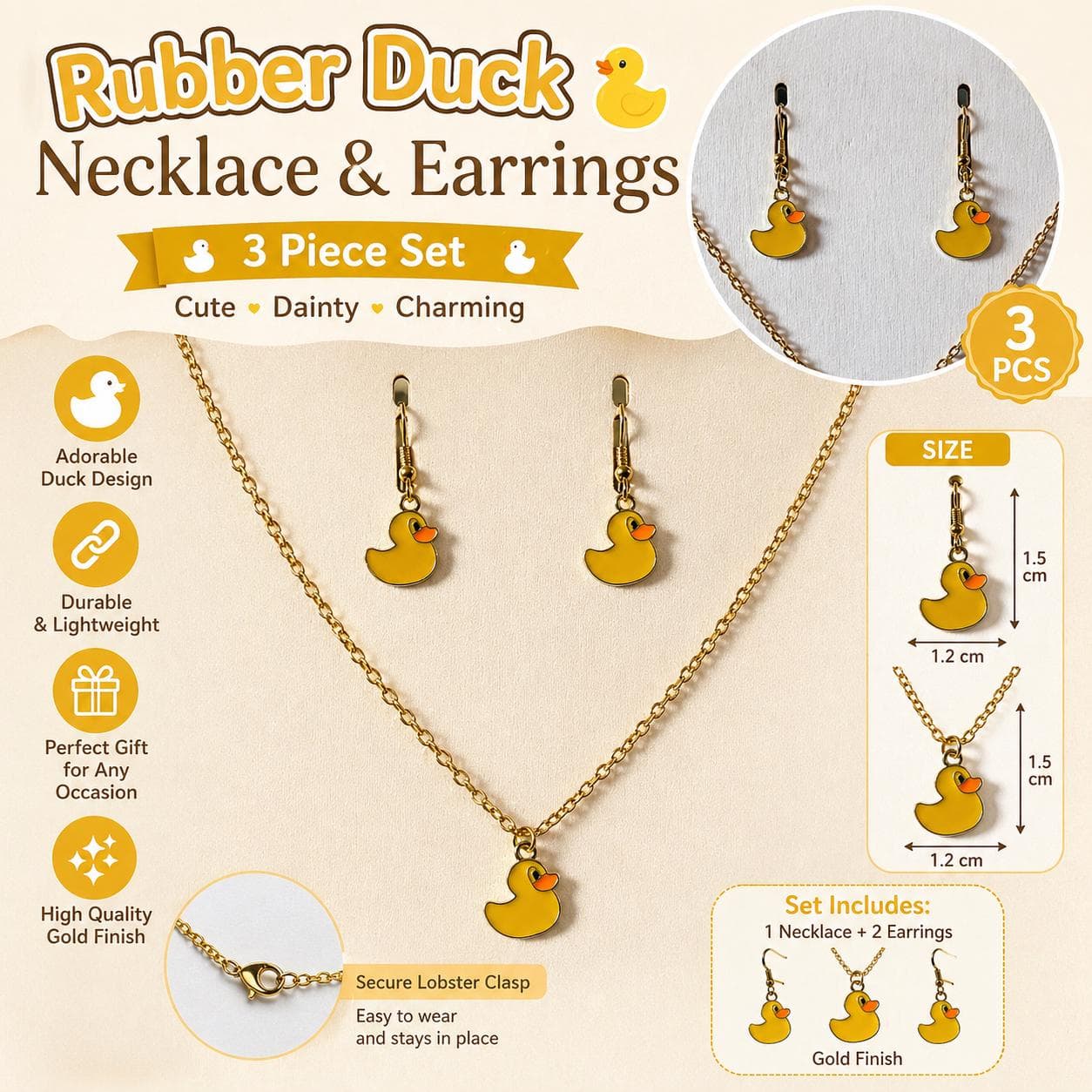 Gold Tone Rubber Duck Necklace and Earrings Set – Enamel Charm Jewelry (3 Piece)