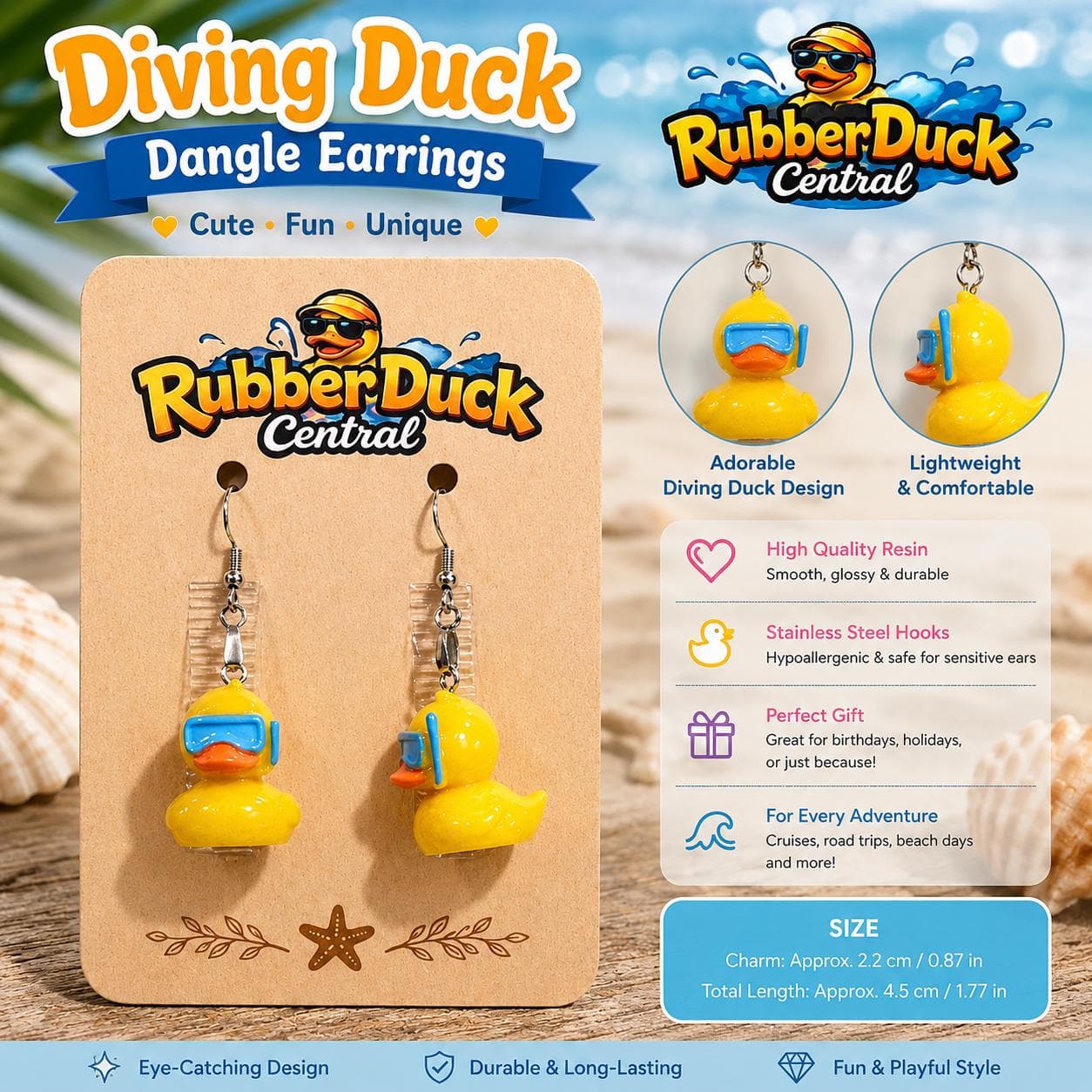 Snorkel Duck Resin Earrings – Yellow Rubber Duck Beach Vacation Jewelry