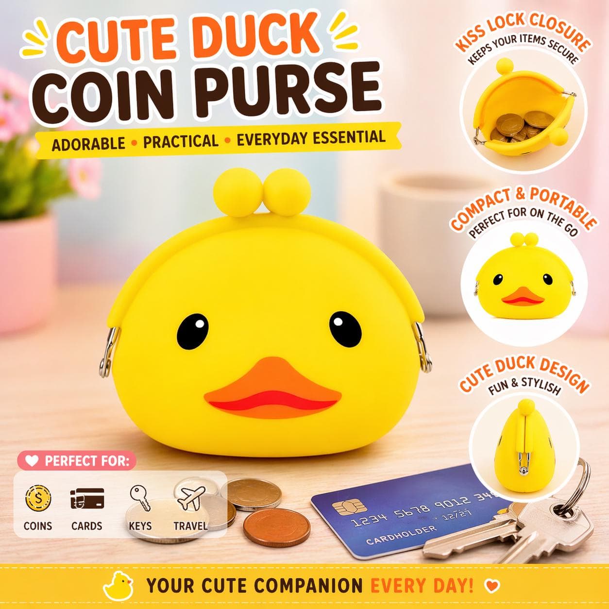 Duck Coin Purse | Kiss Lock Pouch, Travel Accessory, Kawaii Bag