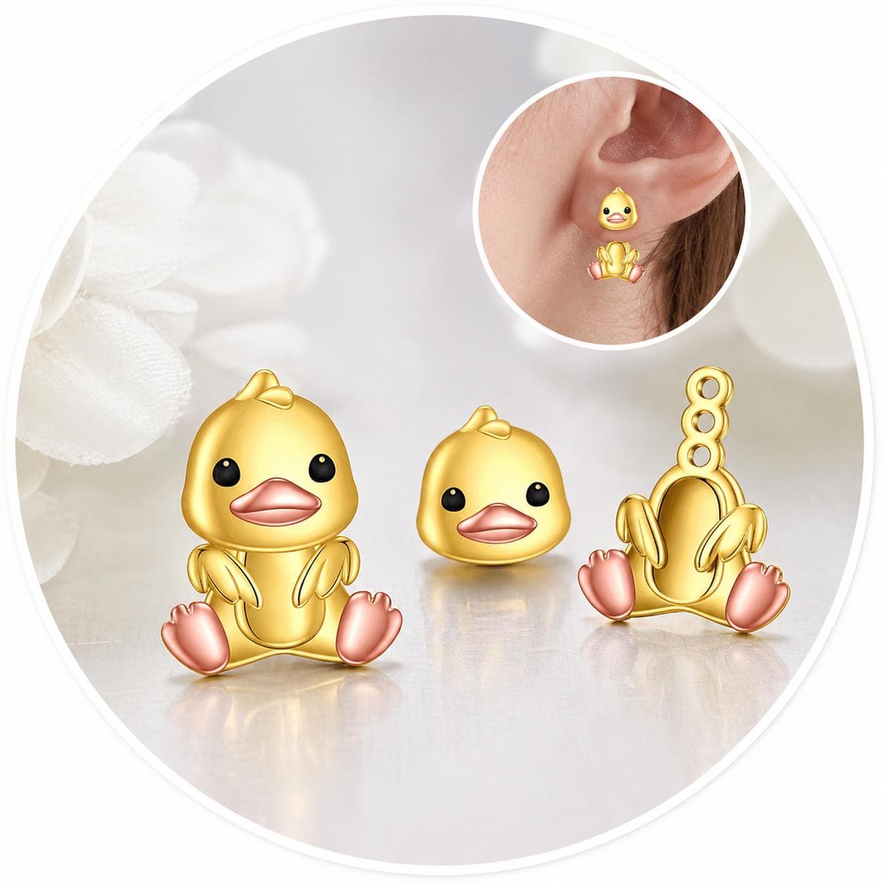 Interchangeable Gold Duck Earrings: 2-in-1 Design, Alloy Jewelry - Thumbnail 3