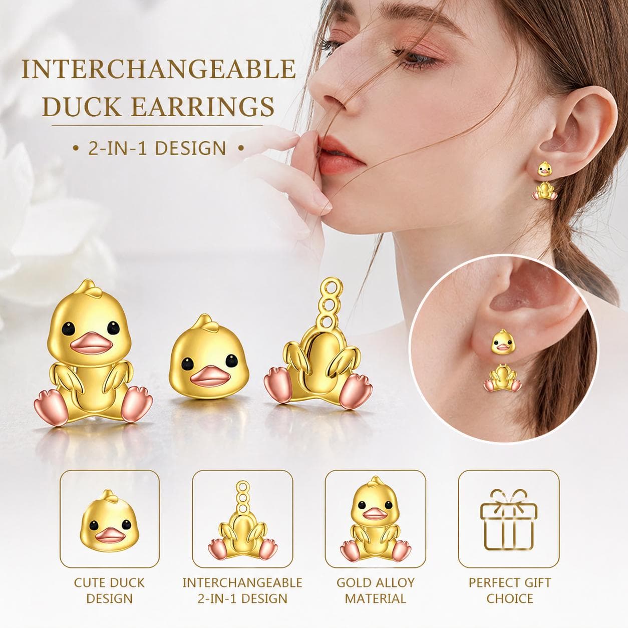 Interchangeable Gold Duck Earrings: 2-in-1 Design, Alloy Jewelry