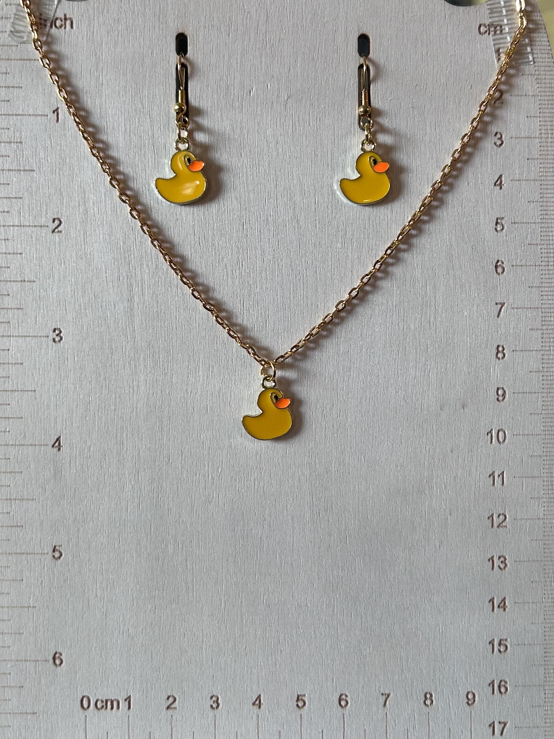 Gold Tone Rubber Duck Necklace and Earrings Set – Enamel Charm Jewelry (3 Piece) - Thumbnail 6
