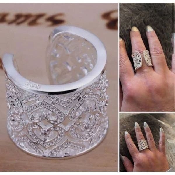 The Silver Stunner cuff open heart crystal accented ring - Thumbnail 2