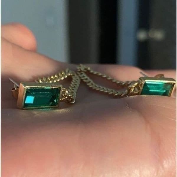The Champion Square Emerald Crystal Gold Chain Dangle drop Earrings - Thumbnail 8