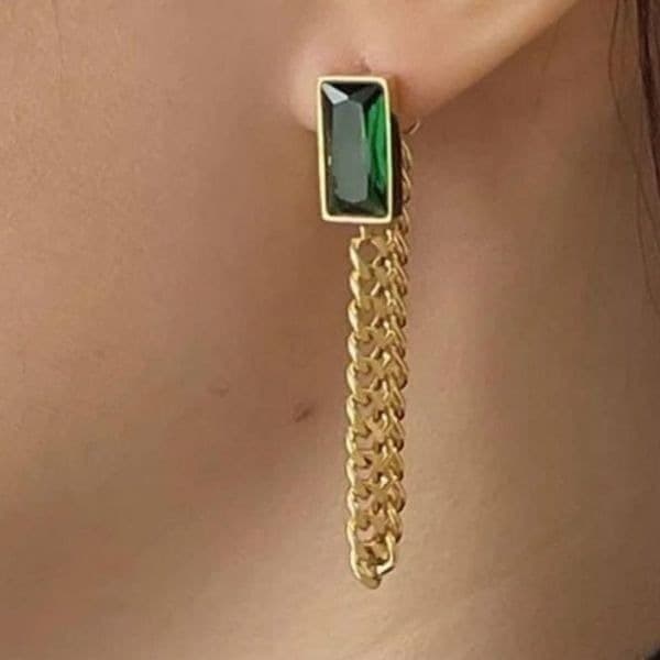 The Champion Square Emerald Crystal Gold Chain Dangle drop Earrings - Image 1