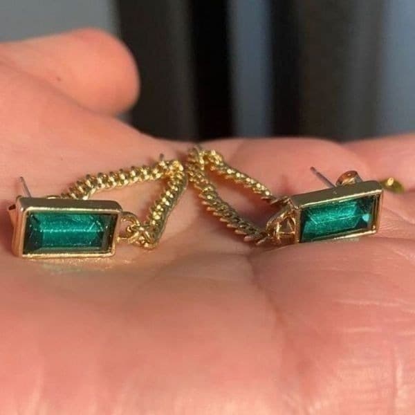 The Champion Square Emerald Crystal Gold Chain Dangle drop Earrings - Thumbnail 5