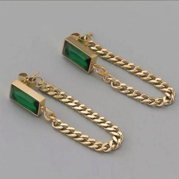 The Champion Square Emerald Crystal Gold Chain Dangle drop Earrings - Thumbnail 3