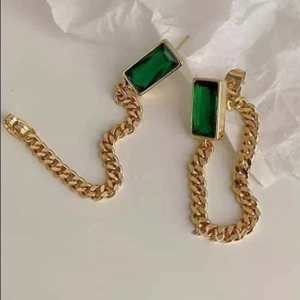 The Champion Square Emerald Crystal Gold Chain Dangle drop Earrings - Image 1