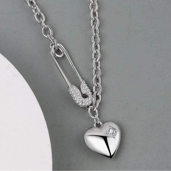 Heart Pin chain pendant necklace in silver - Thumbnail 3