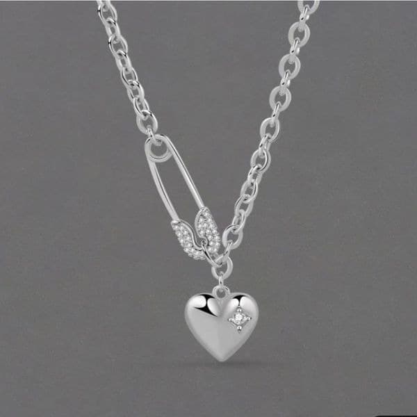 Heart Pin chain pendant necklace in silver - Thumbnail 6