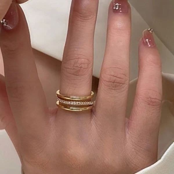 The Triple Bling Ring adjustable in 14k gold over 925 with cubic zirconia - Thumbnail 7