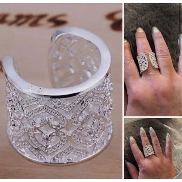 The Silver Stunner cuff open heart crystal accented ring - Thumbnail 2
