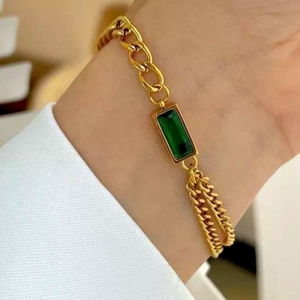 The Champion Bracelet 18K Gold Plated Link Chain w/ Green Gemstone - Image 1