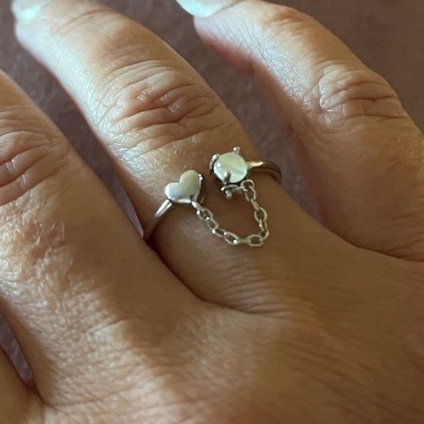 The Dainty Chain Heart ring adjustable 925 silver and moonstone - Thumbnail 5