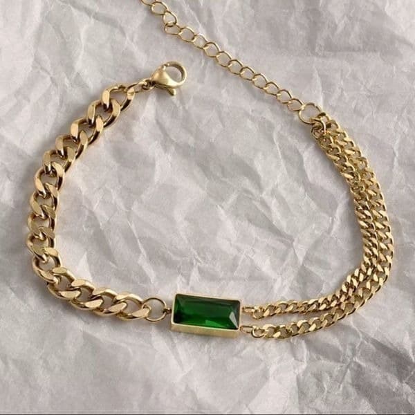 The Champion Bracelet 18K Gold Plated Link Chain w/ Green Gemstone - Thumbnail 2