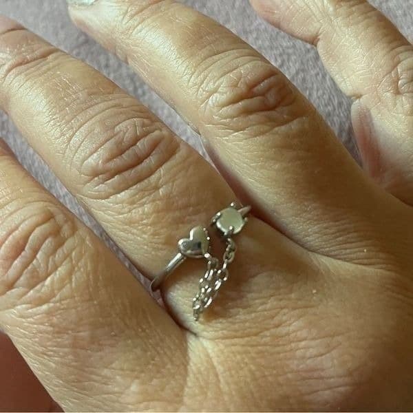 The Dainty Chain Heart ring adjustable 925 silver and moonstone - Thumbnail 8