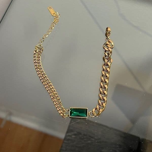 The Champion Bracelet 18K Gold Plated Link Chain w/ Green Gemstone - Thumbnail 11