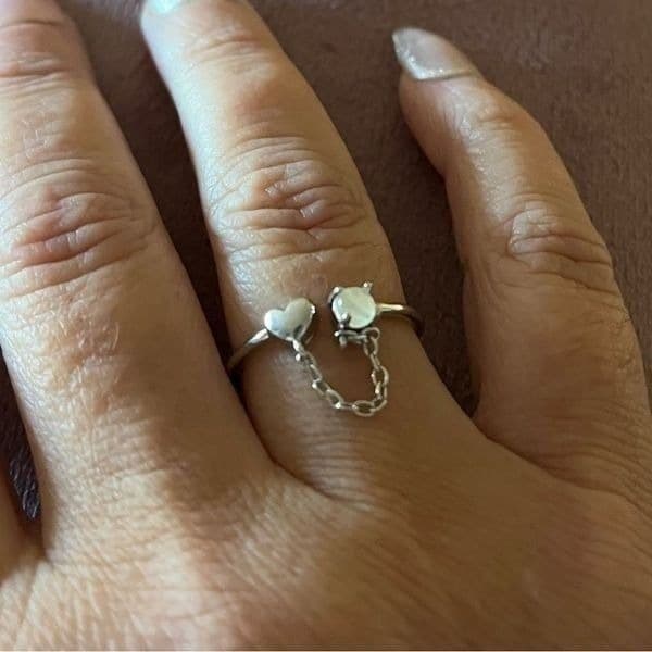 The Dainty Chain Heart ring adjustable 925 silver and moonstone - Thumbnail 9