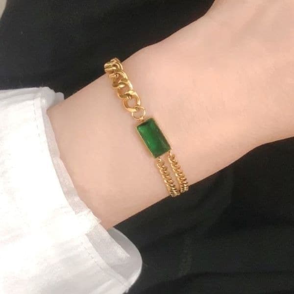 The Champion Bracelet 18K Gold Plated Link Chain w/ Green Gemstone - Thumbnail 5