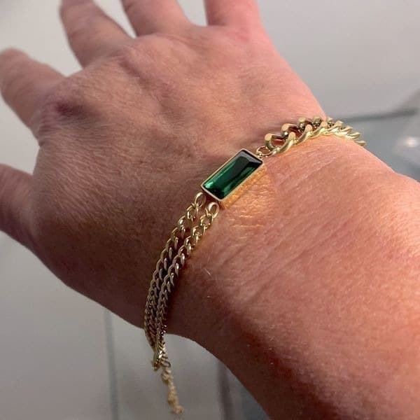 The Champion Bracelet 18K Gold Plated Link Chain w/ Green Gemstone - Thumbnail 3