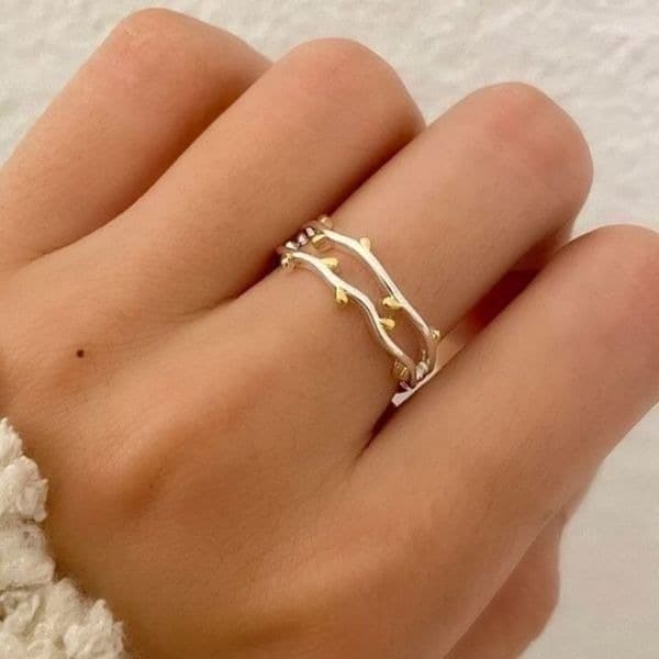 The Dainty Leaf adjustable silver ring with gold accents. - Thumbnail 2
