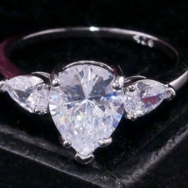 The Triple Teardrop Estate inspired 925 teardrop White Sapphire Ring sz 8 - Image 1