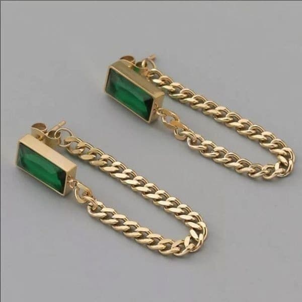 The Champion Square Emerald Crystal Gold Chain Dangle drop Earrings - Thumbnail 4
