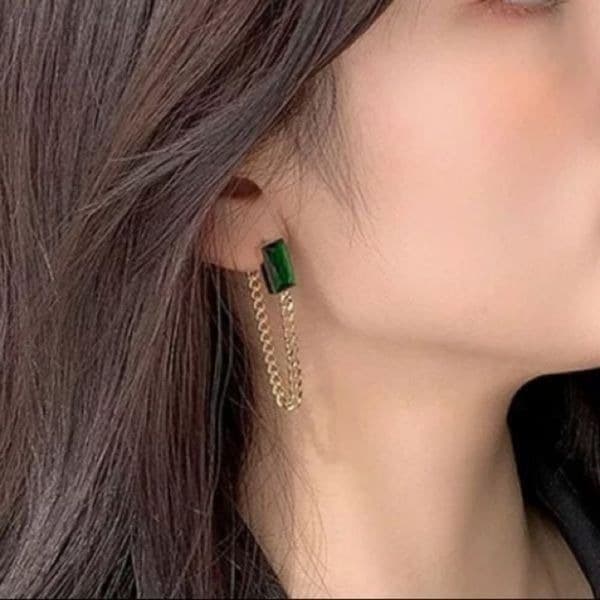 The Champion Square Emerald Crystal Gold Chain Dangle drop Earrings - Thumbnail 10