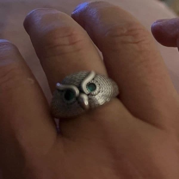 The Green Eyed Owl Ring in 925 antiqued silver - Thumbnail 4