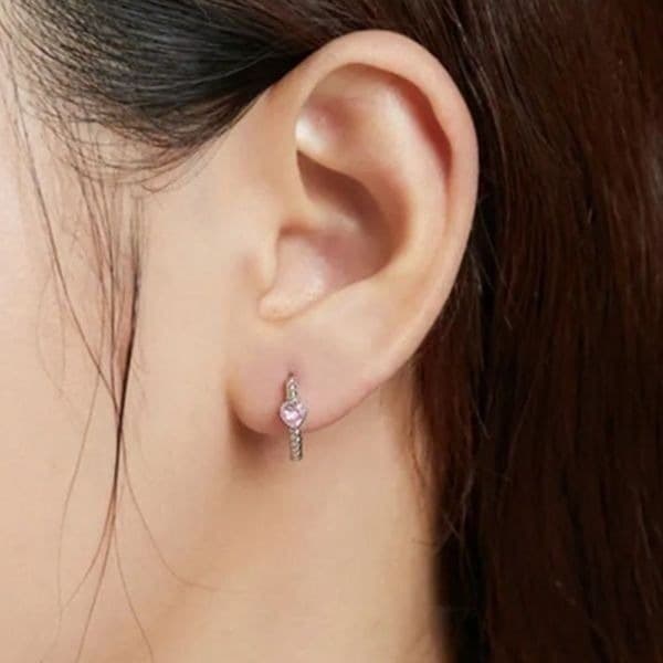 The Tiniest Pink Heart Dainty Hoop Huggie micro earrings - Thumbnail 3