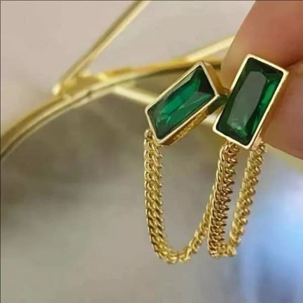 The Champion Square Emerald Crystal Gold Chain Dangle drop Earrings - Thumbnail 2