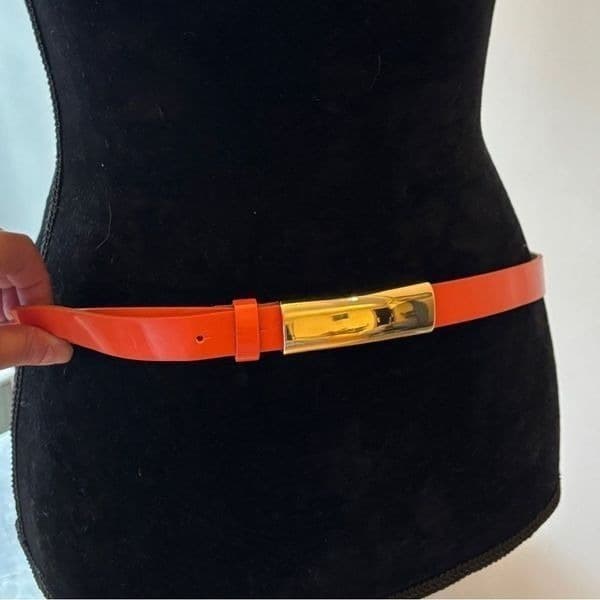 Orange Patent leather belt with gold rectangular buckle sz 42 - Image 1