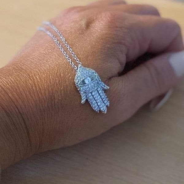 The Hamsa Top rated favorite!! White Sapphire & 925 Silver Hamsa necklace - Thumbnail 3