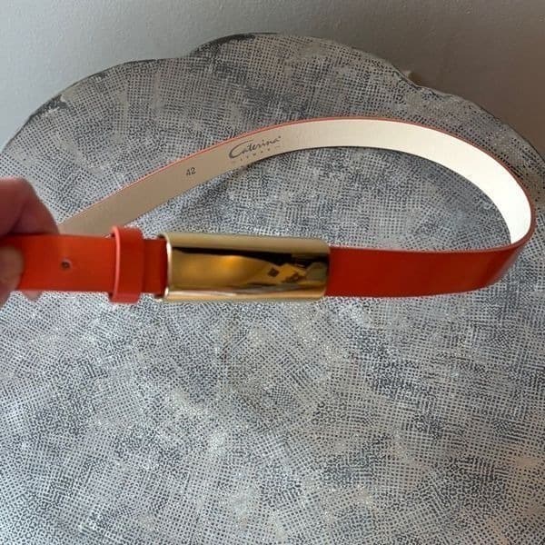Orange Patent leather belt with gold rectangular buckle sz 42 - Thumbnail 2