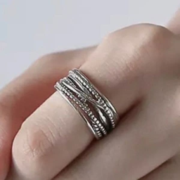 The Boho Weave Ring wide band adjustable in 925 silver - Thumbnail 2
