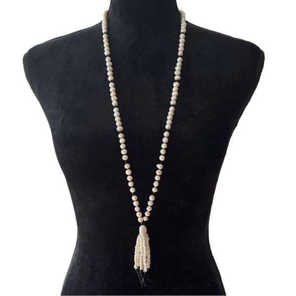 Long freshwater Pearl strand with tassel black accents 21” long flapper necklace - Image 1