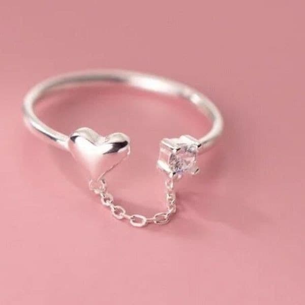 The Dainty Chain Heart ring adjustable 925 silver and moonstone - Thumbnail 4