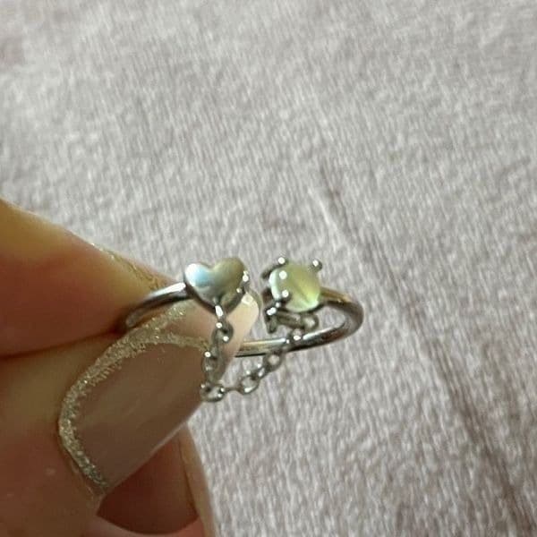 The Dainty Chain Heart ring adjustable 925 silver and moonstone - Thumbnail 10