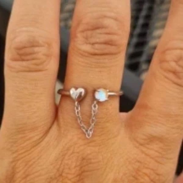The Dainty Chain Heart ring adjustable 925 silver and moonstone - Thumbnail 6