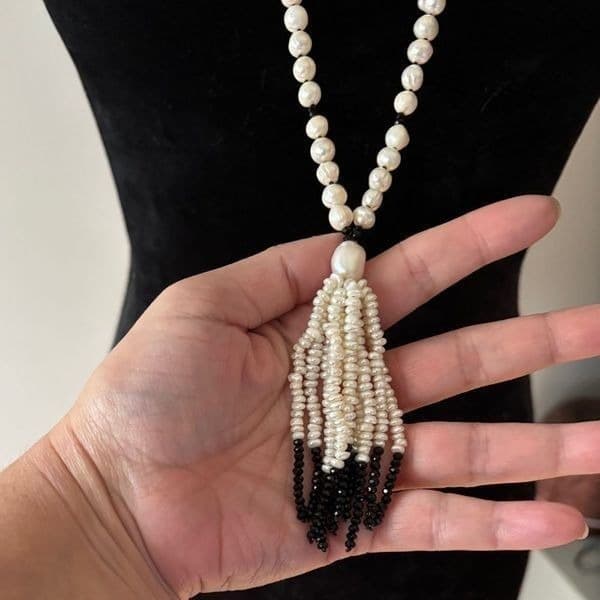 Long freshwater Pearl strand with tassel black accents 21” long flapper necklace - Thumbnail 2