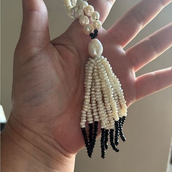 Long freshwater Pearl strand with tassel black accents 21” long flapper necklace - Thumbnail 3