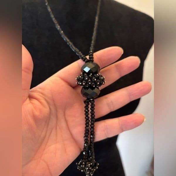 Vintage Austrian Crystal flapper necklace w black crystals - Thumbnail 3