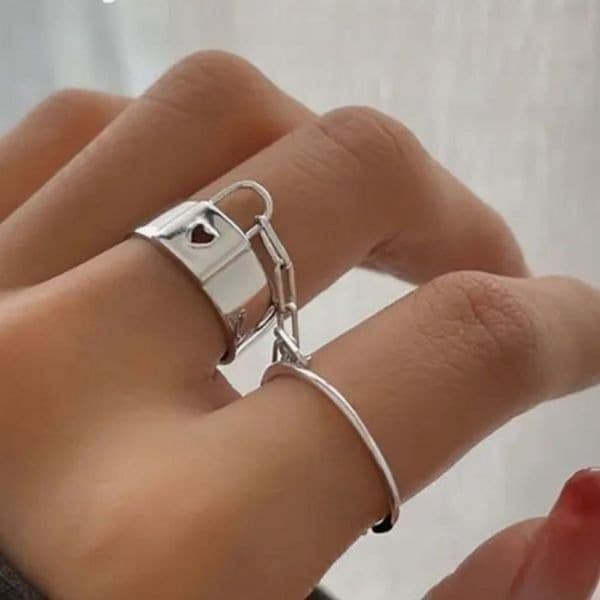 The Love Lock 2 piece attached ring set in 925 silver - Thumbnail 2