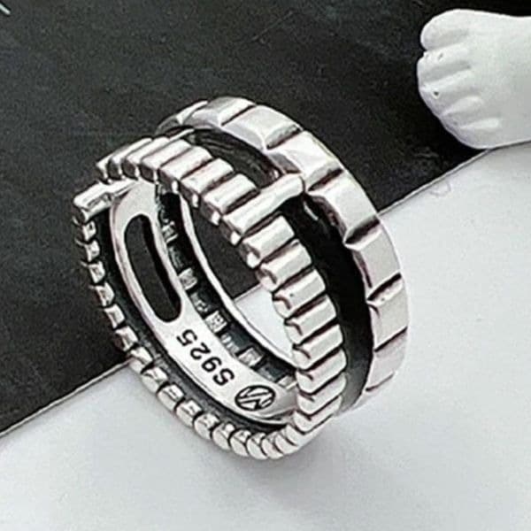 The Black Stripe Ring Adjustable in 925 silver antiqued - Thumbnail 2