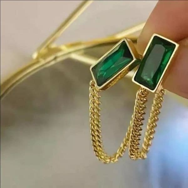 The Champion Square Emerald Crystal Gold Chain Dangle drop Earrings - Thumbnail 2