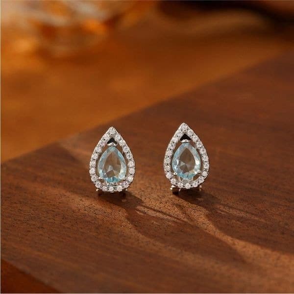 Blue Topaz Tear Drop hinge closure silver earrings - Thumbnail 6