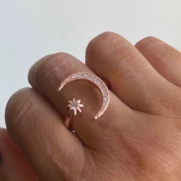 The On trend Moon & Stars Sterling Silver adjustable ring 18k rose gold plated - Thumbnail 3
