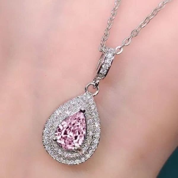 The Pretty in Pink Teardrop Pendant necklace in 925 silver and cubic zirconia - Thumbnail 5