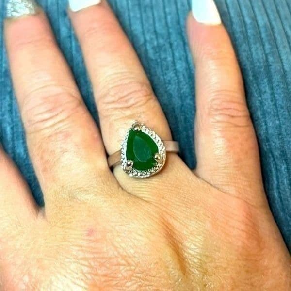 The Tears of Green Cabochon statement ring silver size 6 - Image 1