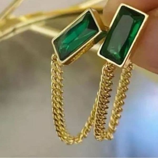 The Champion Square Emerald Crystal Gold Chain Dangle drop Earrings - Thumbnail 4